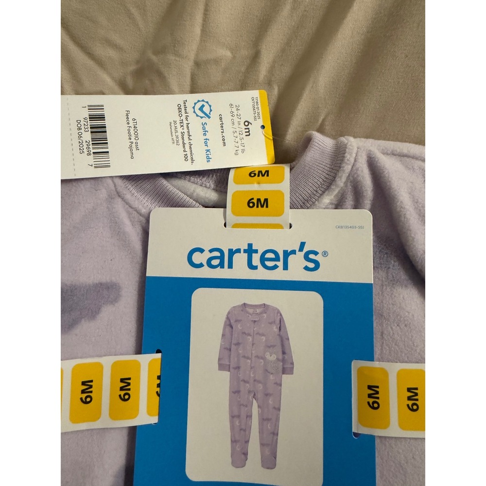 Carters Baby Girl 6M Fleece Footie Pajama Purple Cloud Owl 2-Way Zipper NWT - Picture 2 of 4